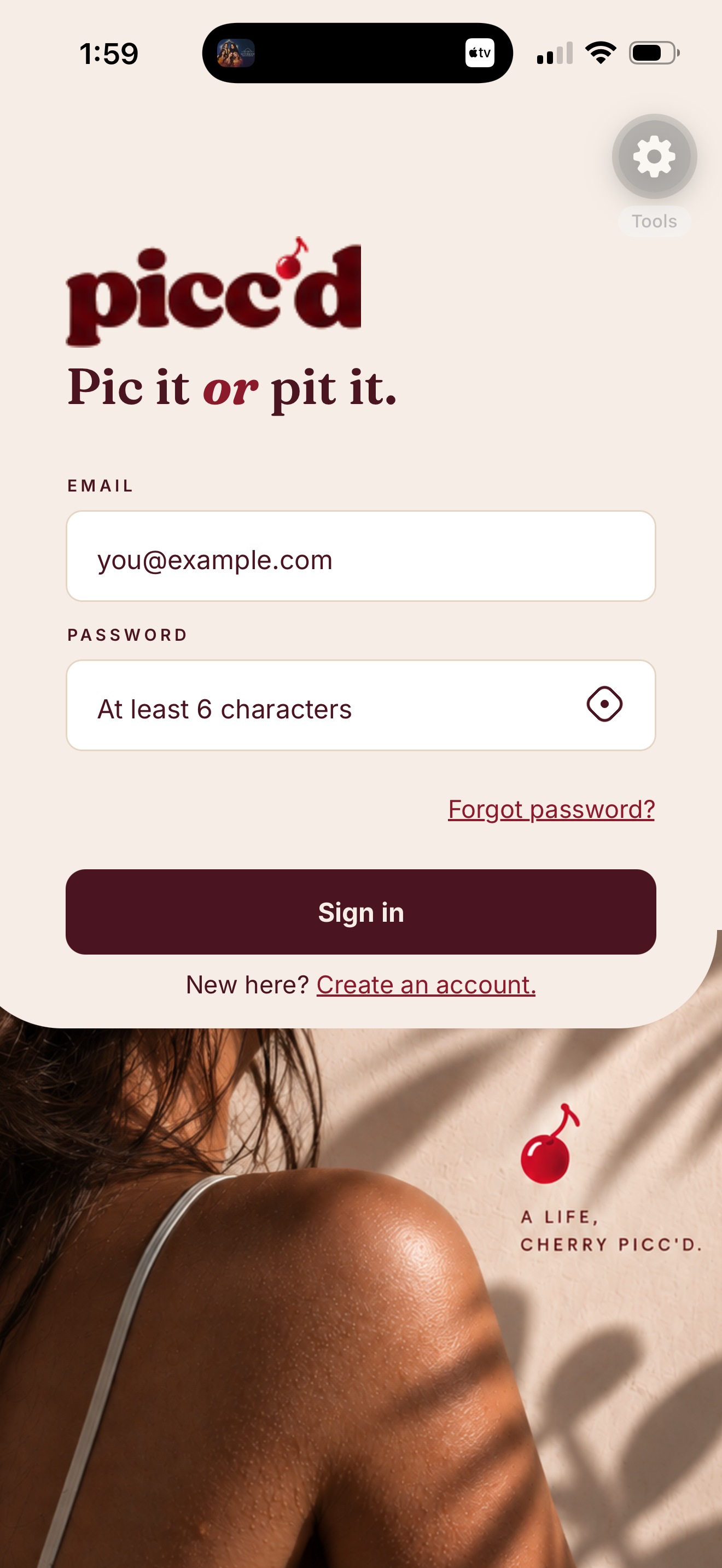 Actual picc’d sign-in screen with cherry wordmark and Pic it or pit it tagline